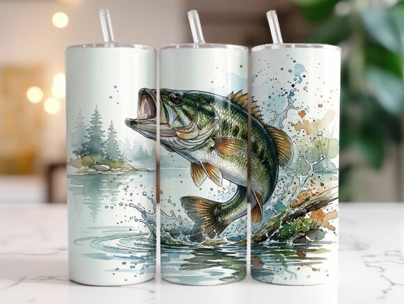 Bass Fishing Watercolor Graphics for Tumbler Wraps