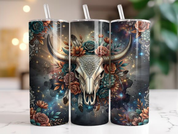 Boho Longhorn Skull Floral 20oz Tumbler: Graphics & Tumbler Wraps