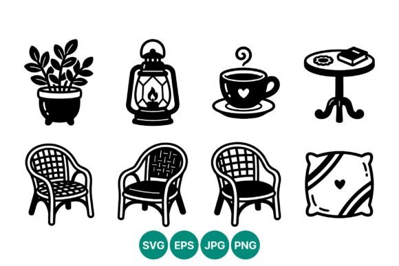 Cute Black Plant Cup Chair Icons: Graphics & Illustrations