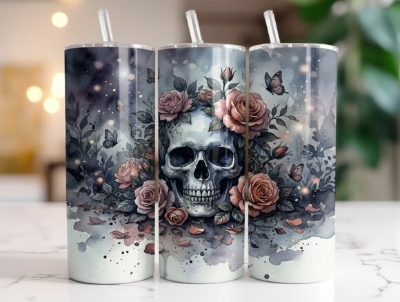 Gothic Floral Skull Rose Tumbler Wrap Graphics