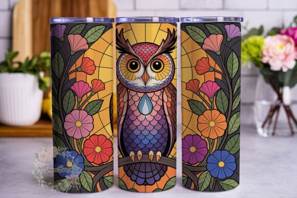 Stained Glass Owl Floral Graphics & Tumbler Wraps